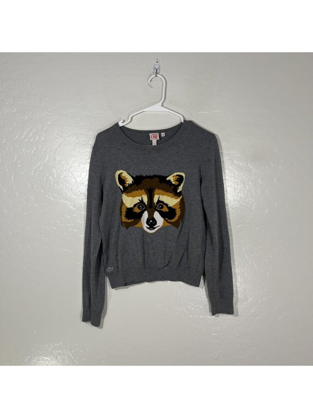 Lacoste Live Sweater Womens Medium Gray Raccoon Graphic Cotton Knit Pullover